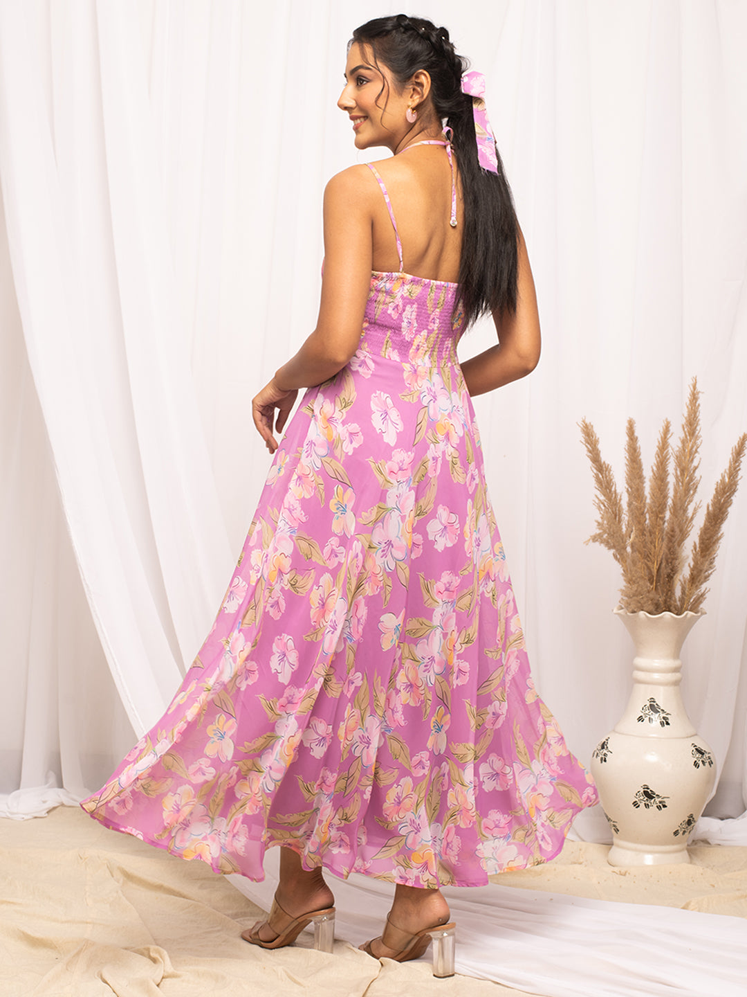 FIORRA Women's Light Pink Georgette Floral Printed  Dress